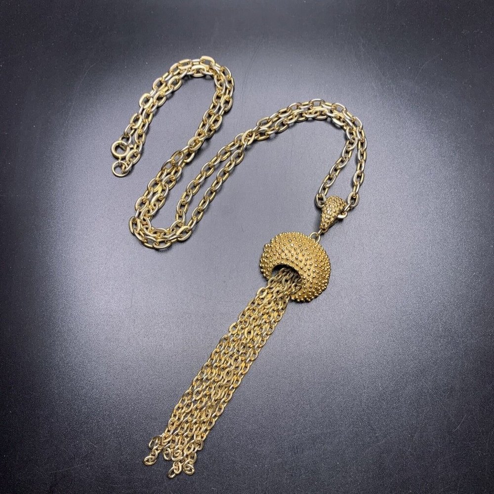 Tassel Pendant Necklace Gold Tone Textured Classic 24 Inch Vintage